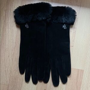 Ralph Lauren Black Suede Gloves with Fur Trim